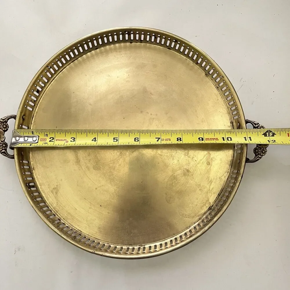 Vintage Brass Gallery Tray Round Ornate Dual Handles Made in India 11 Inch